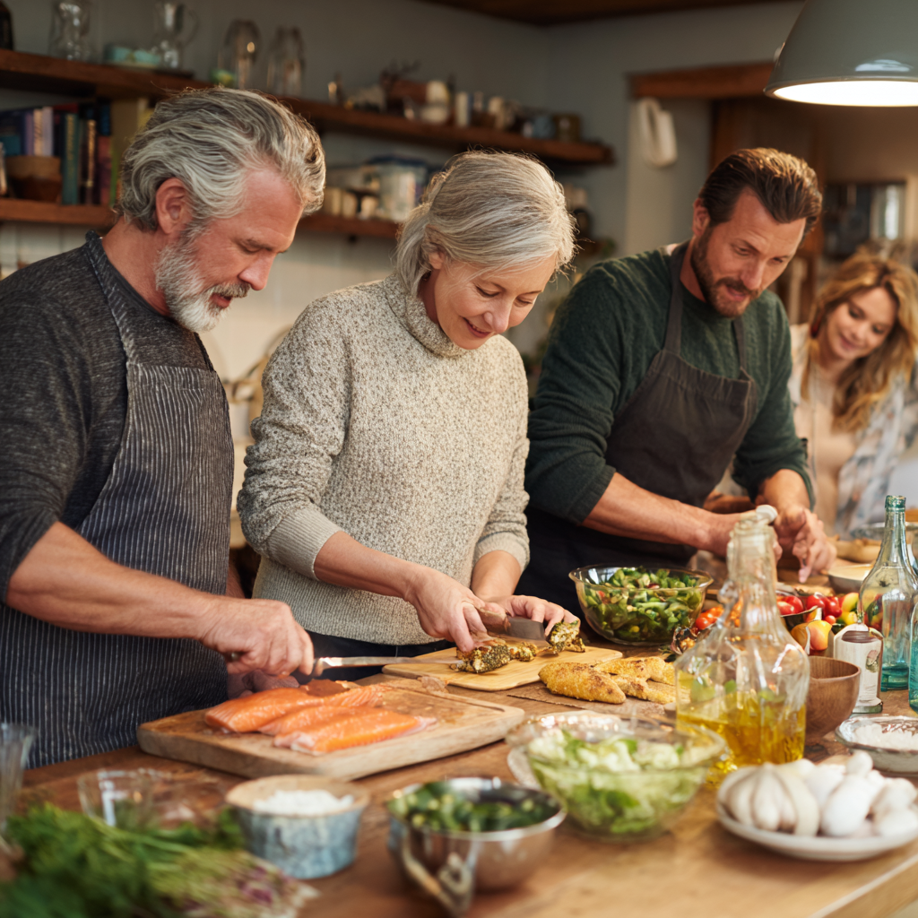 Middle-aged adults preparing balanced meal together in kitchen