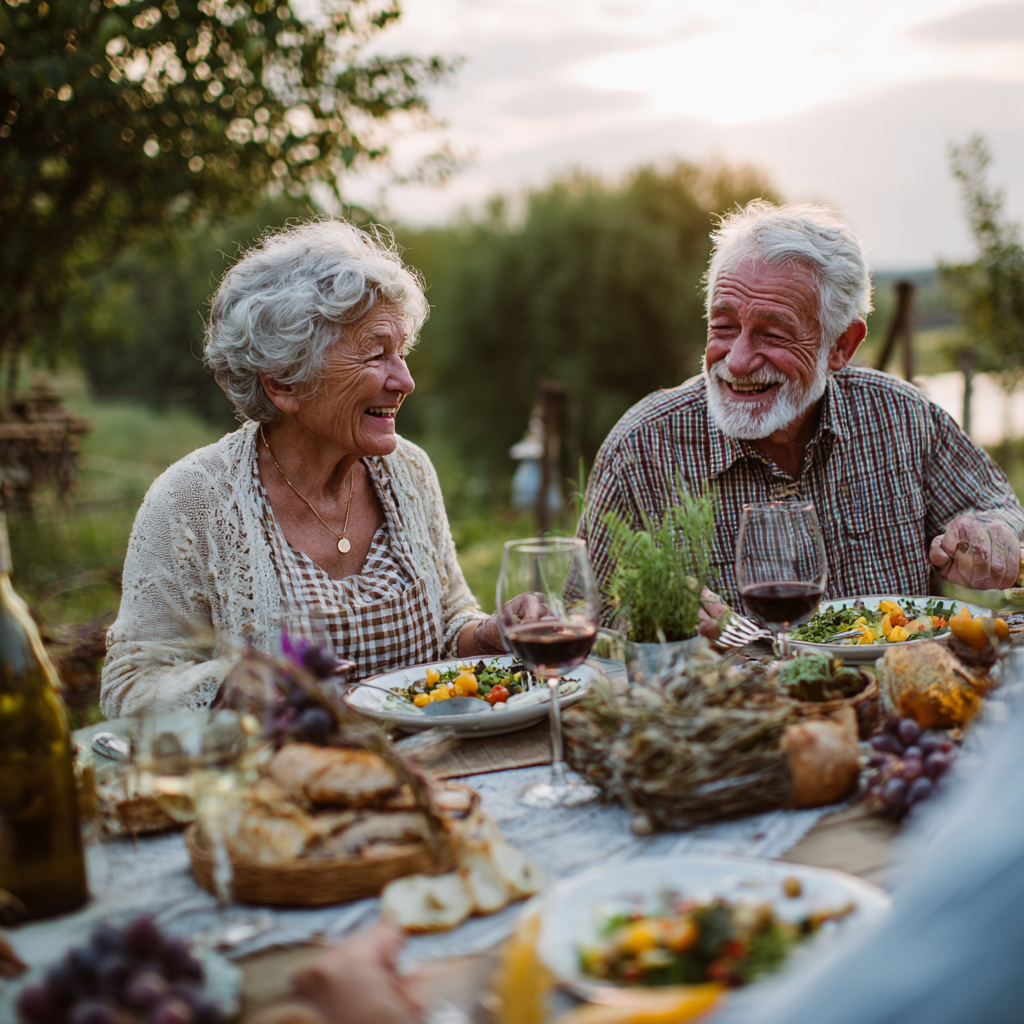 Older adults enjoying healthy meal outdoors in natural setting